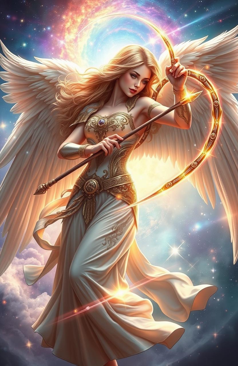 A stunning celestial scene featuring a beautiful angel wielding a magical whip, surrounded by ethereal light and shimmering stars