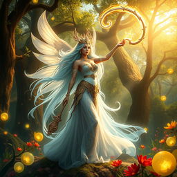 A mystical scene depicting a powerful celestial guardian, known as 'Sang Bidadari', wielding a magical whip (cambuk sakti) that glows with ethereal light