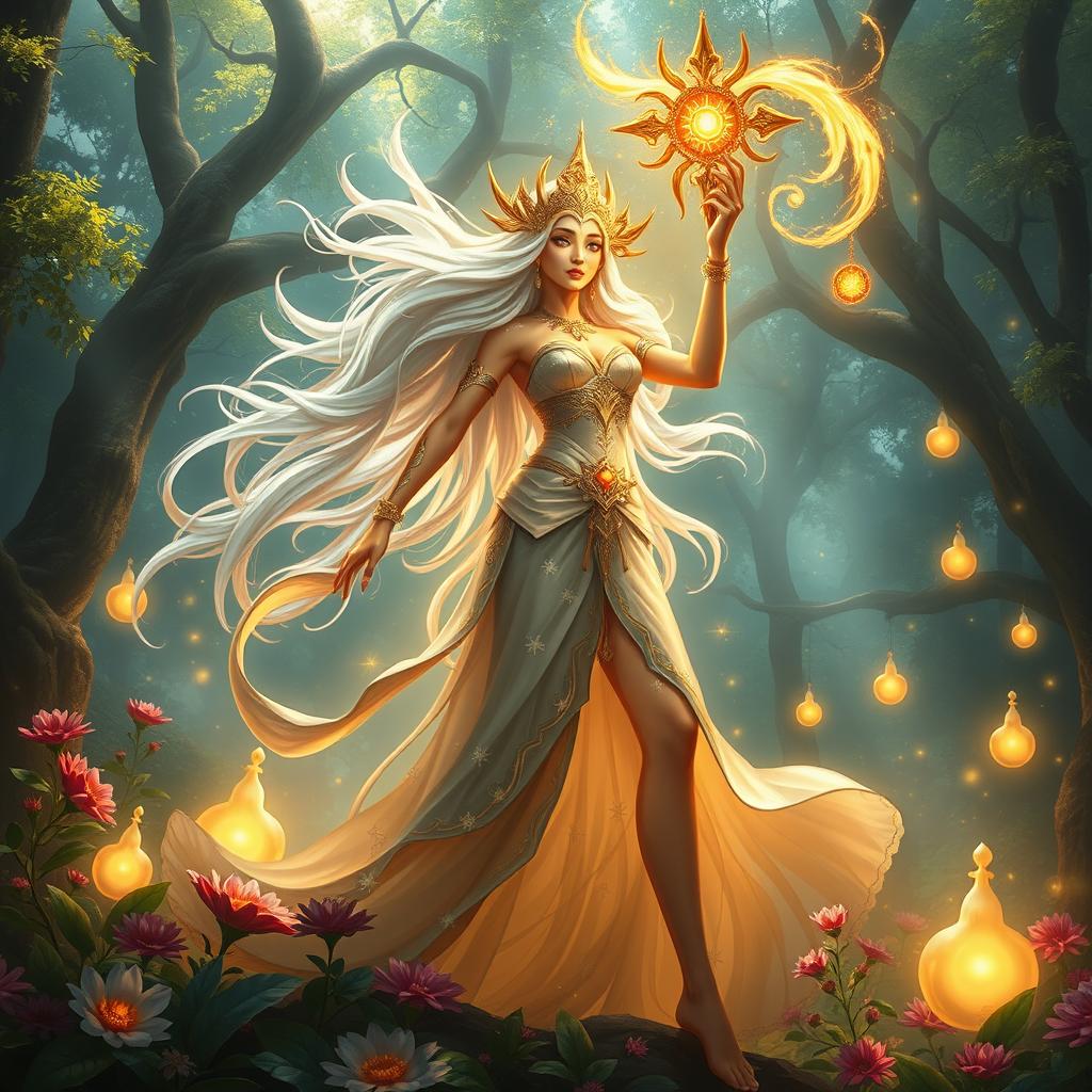 A mystical scene depicting a powerful celestial guardian, known as 'Sang Bidadari', wielding a magical whip (cambuk sakti) that glows with ethereal light