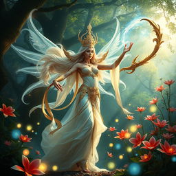 A mystical scene depicting a powerful celestial guardian, known as 'Sang Bidadari', wielding a magical whip (cambuk sakti) that glows with ethereal light