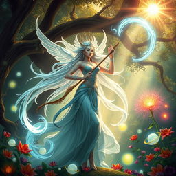 A mystical scene depicting a powerful celestial guardian, known as 'Sang Bidadari', wielding a magical whip (cambuk sakti) that glows with ethereal light