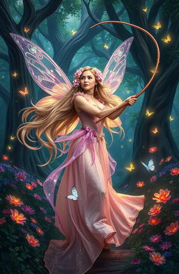 A majestic fairy wielding a magical whip, standing in a lush enchanted forest filled with vibrant flowers and glowing butterflies