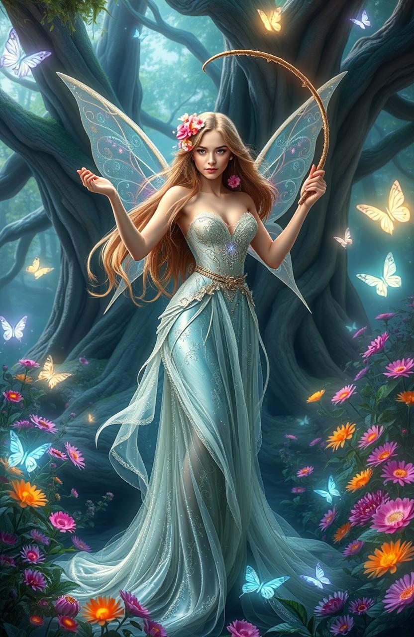 A majestic fairy wielding a magical whip, standing in a lush enchanted forest filled with vibrant flowers and glowing butterflies