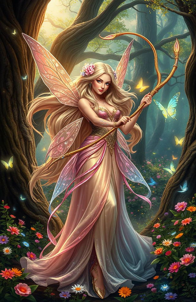 A majestic fairy wielding a magical whip, standing in a lush enchanted forest filled with vibrant flowers and glowing butterflies