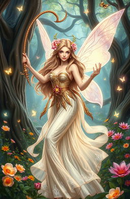 A majestic fairy wielding a magical whip, standing in a lush enchanted forest filled with vibrant flowers and glowing butterflies