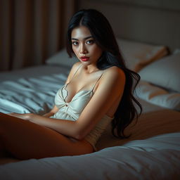 A beautiful Thai girl with long legs, lying gracefully on a bed in a dimly lit room