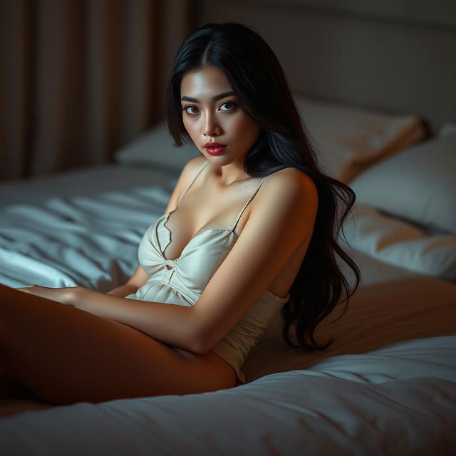 A beautiful Thai girl with long legs, lying gracefully on a bed in a dimly lit room