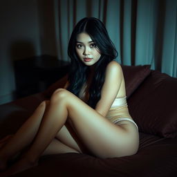 A beautiful Thai girl with long legs, lying gracefully on a bed in a dimly lit room