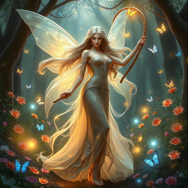 A powerful fairy wielding a magical whip, standing gracefully in an enchanted forest filled with vibrant flowers and mystical creatures