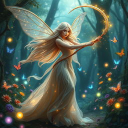 A powerful fairy wielding a magical whip, standing gracefully in an enchanted forest filled with vibrant flowers and mystical creatures