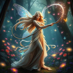 A powerful fairy wielding a magical whip, standing gracefully in an enchanted forest filled with vibrant flowers and mystical creatures
