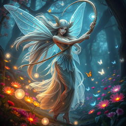 A powerful fairy wielding a magical whip, standing gracefully in an enchanted forest filled with vibrant flowers and mystical creatures