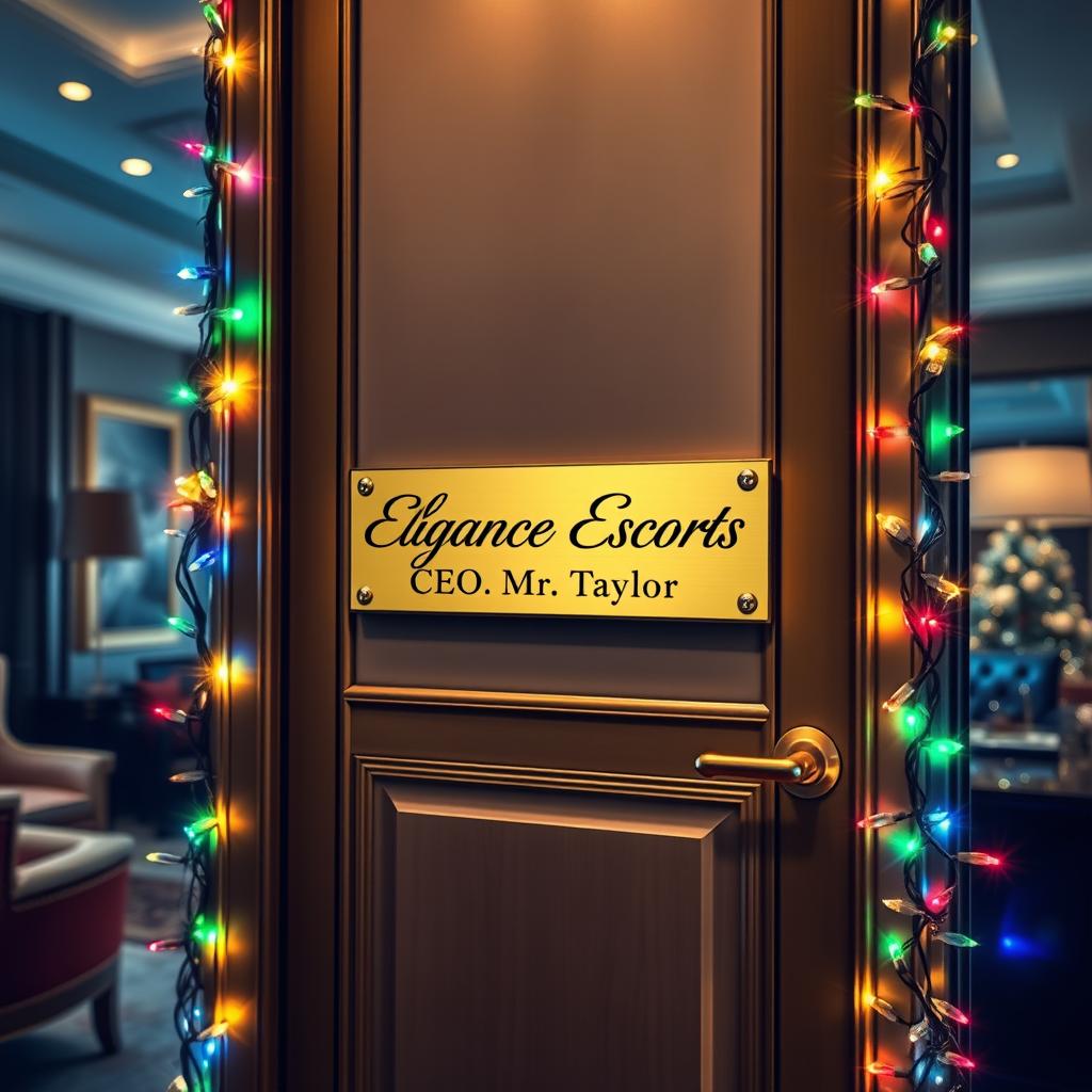 A luxurious office door labeled "Elegance Escorts CEO Mr