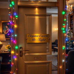 A luxurious office door labeled "Elegance Escorts CEO Mr