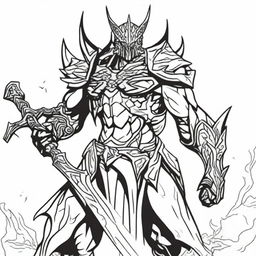 A high-quality pen drawing of Aatrox from League of Legends, depicted in black and white