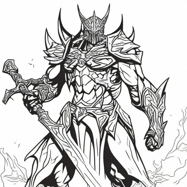 A high-quality pen drawing of Aatrox from League of Legends, depicted in black and white