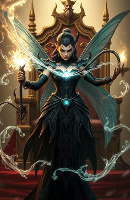 A powerful, fierce fairy holding a magical whip that glows with ethereal light, demonstrating her authority and strength as she stands confidently against a wise ruler