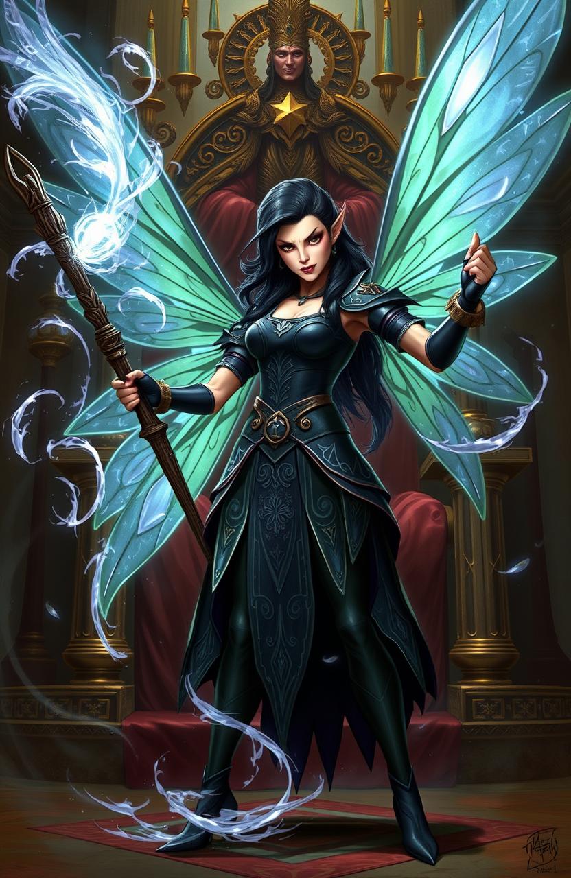 A powerful, fierce fairy holding a magical whip that glows with ethereal light, demonstrating her authority and strength as she stands confidently against a wise ruler