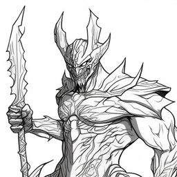 A high-quality pen drawing of Aatrox from League of Legends, depicted in black and white