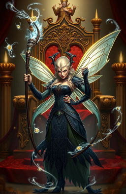 A powerful, fierce fairy holding a magical whip that glows with ethereal light, demonstrating her authority and strength as she stands confidently against a wise ruler