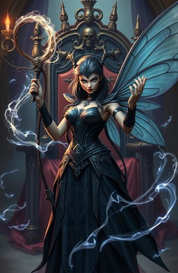 A powerful, fierce fairy holding a magical whip that glows with ethereal light, demonstrating her authority and strength as she stands confidently against a wise ruler