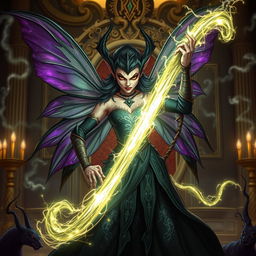 A fierce and menacing fairy wielding a magical whip infused with luminous energy, symbolizing her power to overpower a wise ruler