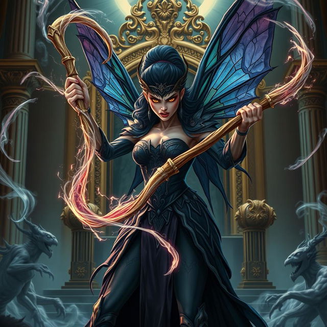 A fierce and menacing fairy wielding a magical whip infused with luminous energy, symbolizing her power to overpower a wise ruler