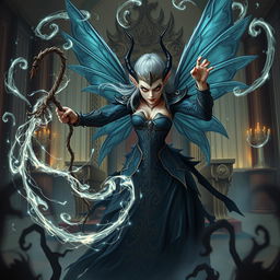 A fierce and menacing fairy wielding a magical whip infused with luminous energy, symbolizing her power to overpower a wise ruler