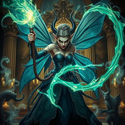 A fierce and menacing fairy wielding a magical whip infused with luminous energy, symbolizing her power to overpower a wise ruler