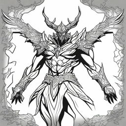 A high-quality pen drawing of Aatrox from League of Legends, depicted in black and white