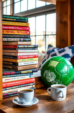 A collection of classic and modern football (soccer) books stacked on a wooden shelf, with a cozy reading nook in the background