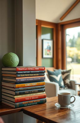 A collection of classic and modern football (soccer) books stacked on a wooden shelf, with a cozy reading nook in the background