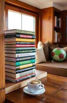 A collection of classic and modern football (soccer) books stacked on a wooden shelf, with a cozy reading nook in the background