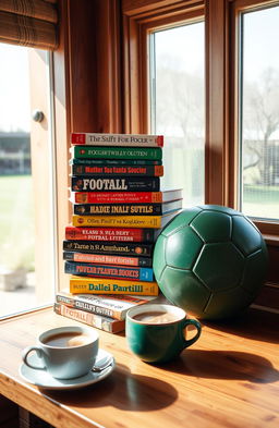 A collection of classic and modern football (soccer) books stacked on a wooden shelf, with a cozy reading nook in the background