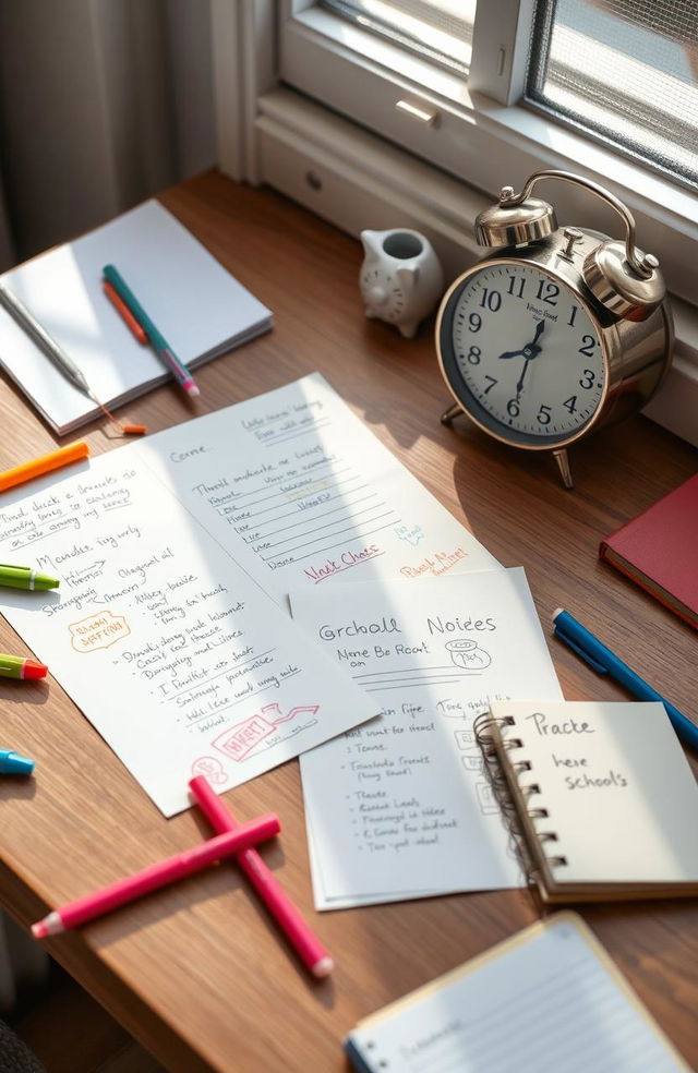 A beautifully arranged flat lay of unique school notes on a wooden desk