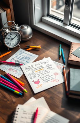A beautifully arranged flat lay of unique school notes on a wooden desk