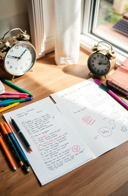 A beautifully arranged flat lay of unique school notes on a wooden desk