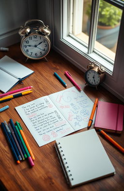 A beautifully arranged flat lay of unique school notes on a wooden desk