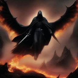 A high-quality digital art image, portraying a Nazgul from the Lord of the Rings universe, mounted on a menacing Hell Hawk