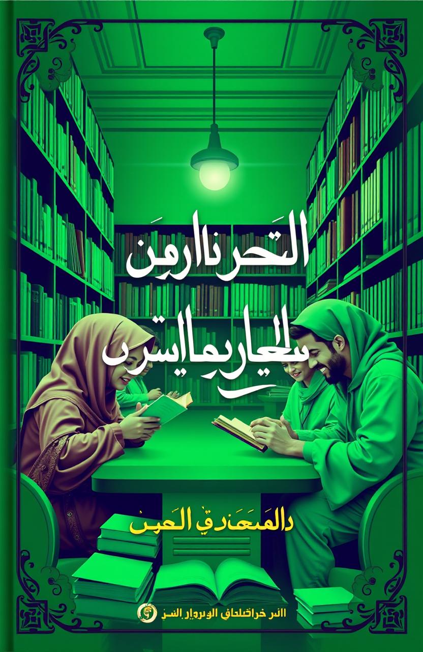 A vibrant and inspiring book cover design featuring Arabic learners studying in a library setting