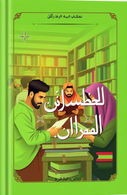 A vibrant and inspiring book cover design featuring Arabic learners studying in a library setting