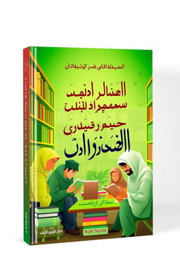 A vibrant and inspiring book cover design featuring Arabic learners studying in a library setting