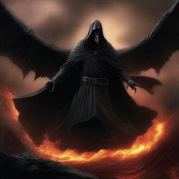 A high-quality digital art image, portraying a Nazgul from the Lord of the Rings universe, mounted on a menacing Hell Hawk