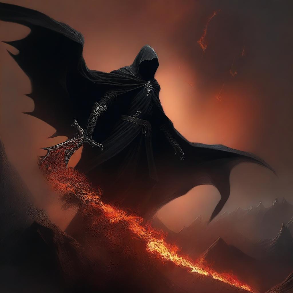 A high-quality digital art image, portraying a Nazgul from the Lord of the Rings universe, mounted on a menacing Hell Hawk