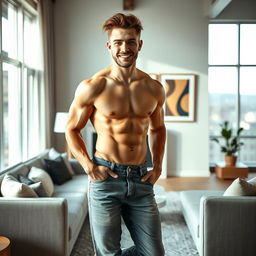 A confident man standing in a stylish modern living room, exuding a relaxed vibe
