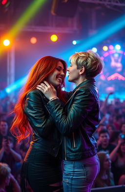 A passionate lesbian romance scene set in a vibrant rock concert environment