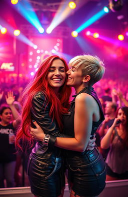 A passionate lesbian romance scene set in a vibrant rock concert environment