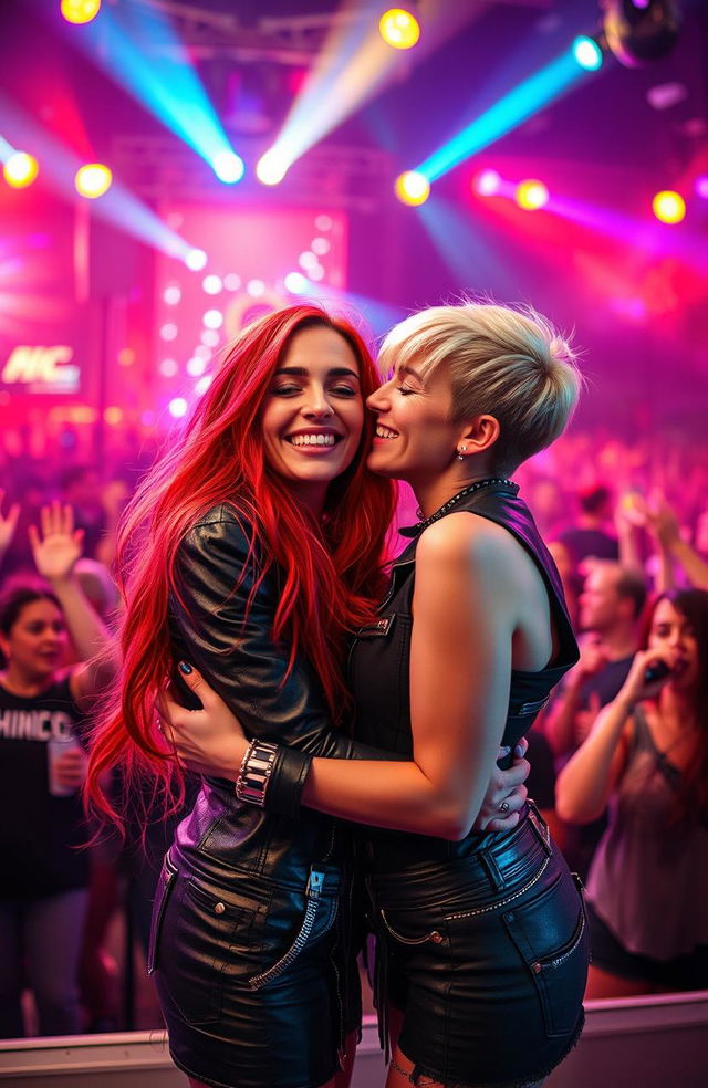 A passionate lesbian romance scene set in a vibrant rock concert environment