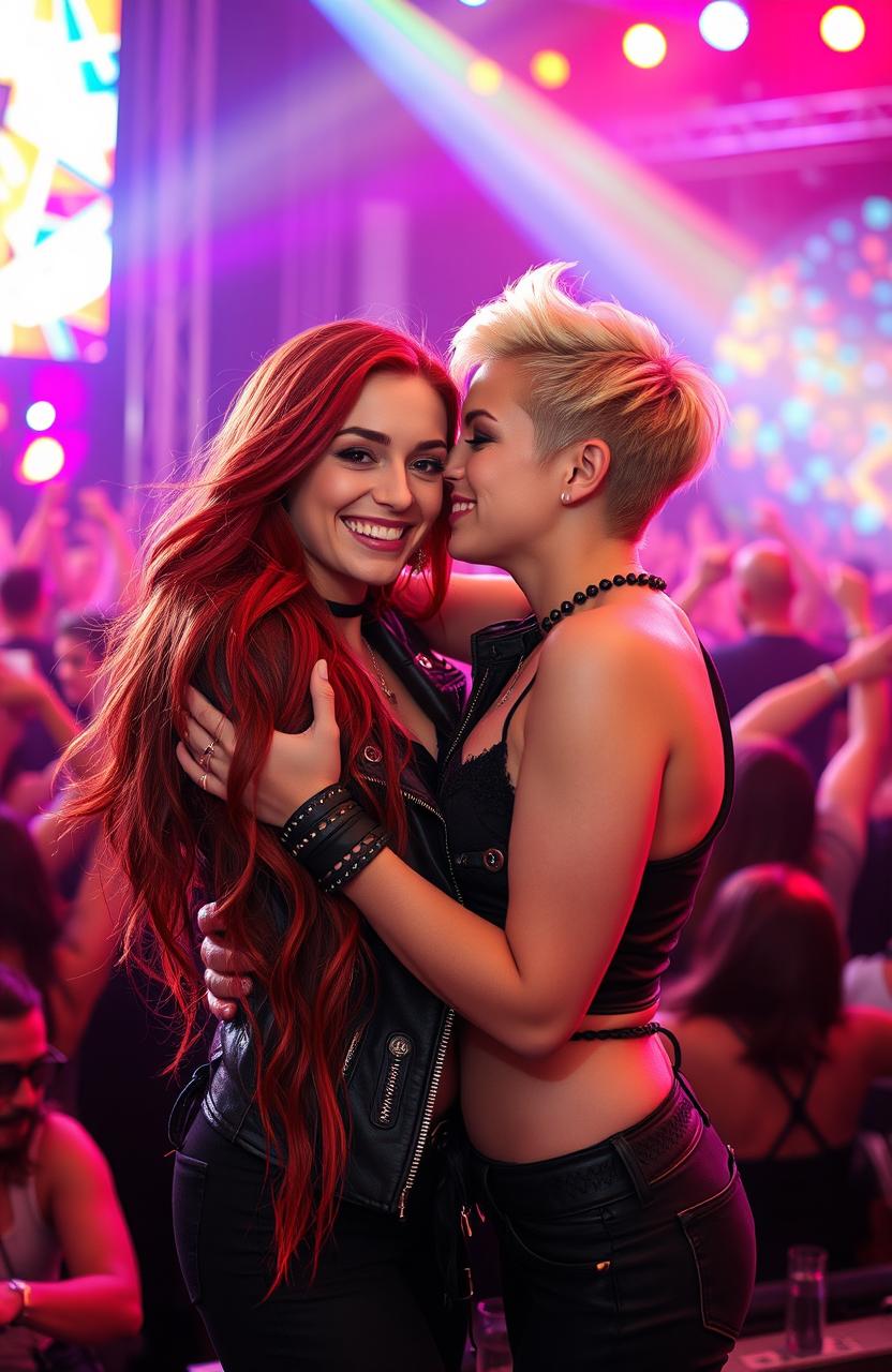 A passionate lesbian romance scene set in a vibrant rock concert environment