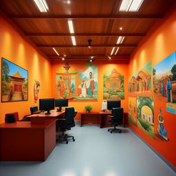 A moderately decorated chief's office on a campus with a Nepali theme. The office should feature cool colors, wall pictures showcasing Nepali culture and a simple interior design.